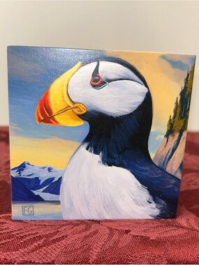Puffin Portrait- Wood Block by artist Francois Girard 3.5”x3.5”x3/4”